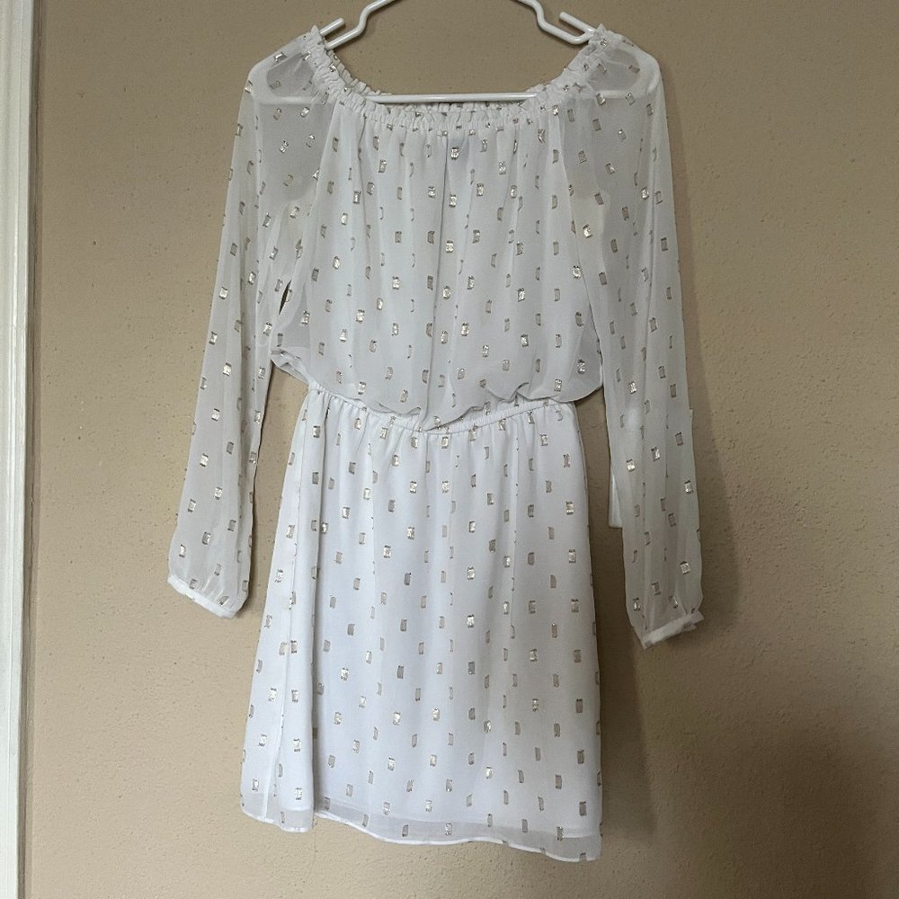 White House Black Market White Dress with Gold Squares
